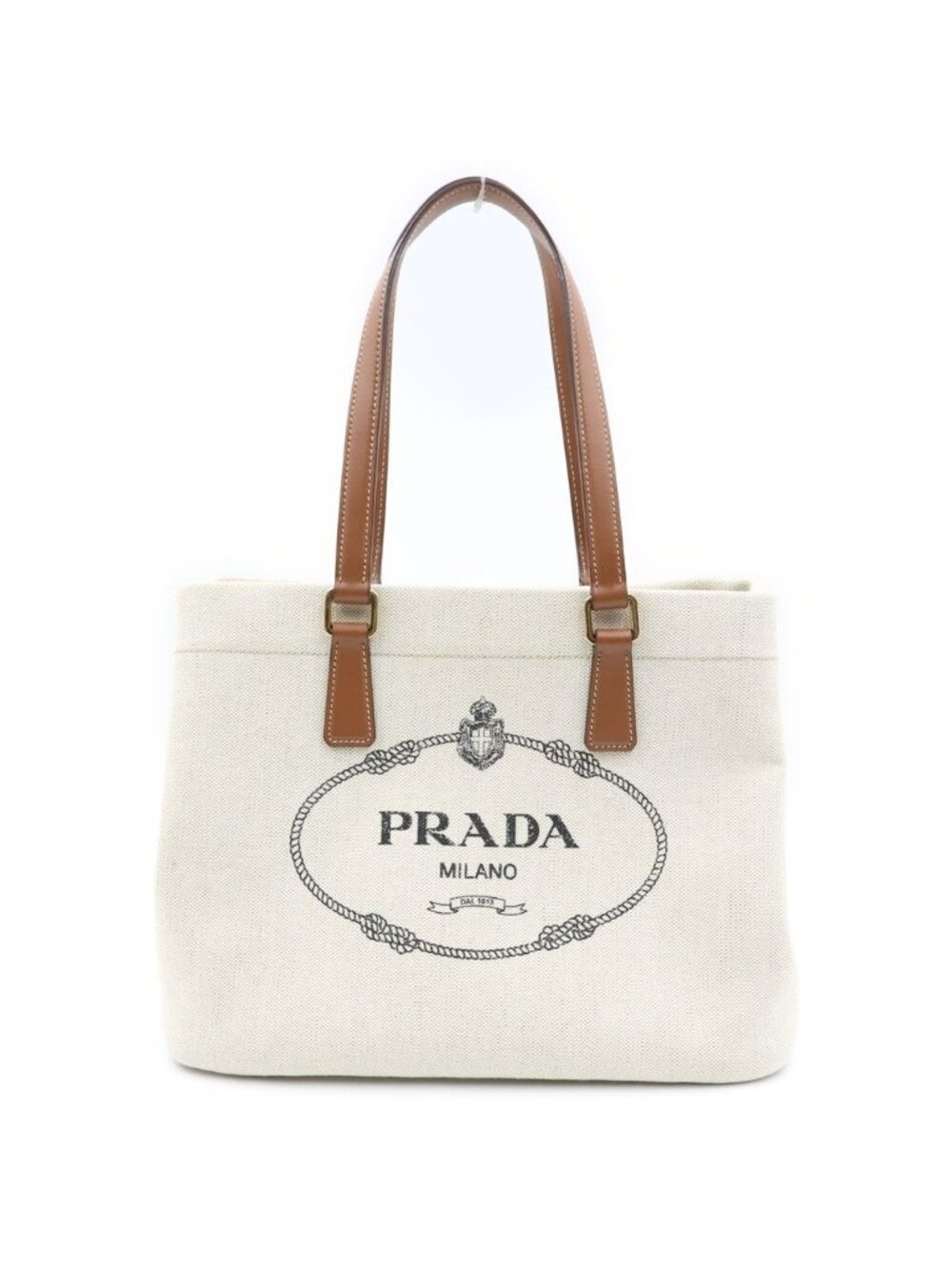 Prada Tote Logo Canvas Leather White Brown